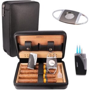 Humidor portatil Amancy negro, con encendedor y cortador incluidos, para 4 tabacos
