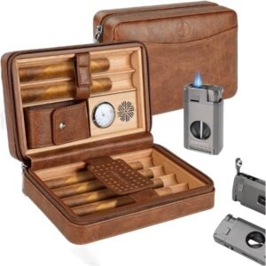 humidor portatil handoct, con encendedor que tiene incluido cortador en V y punch